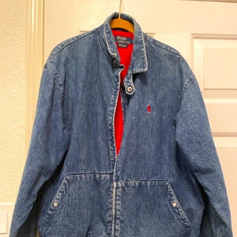 Vintage 80s Ralph Lauren Polo Denim Jacket Red Lining USA Mens Large L Bomber